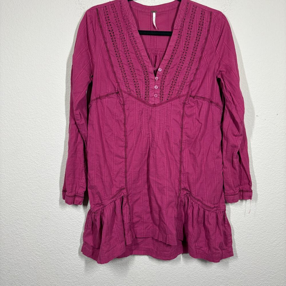 Free People Size Small Tunic Mini Dress Magenta Cotton V Neck Eyelet Long Sleeve